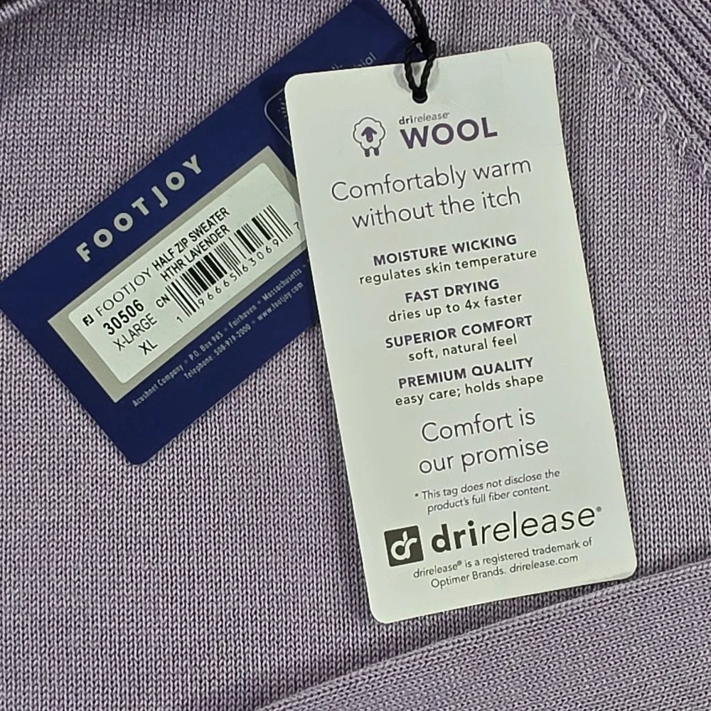 FootJoy NWT XL DriRelease Wool Half Zip Sweater Heather Lavender Golf Pullover